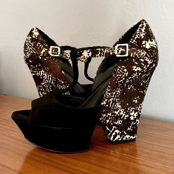 Rachel Zoe Suede & Ponyhair Animal Print Wedge Platform Sandals